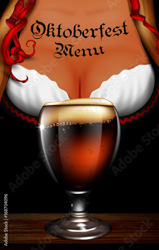 Oktoberfest waitress. Women's festive decollete with beer bottle, high detailed delicious illustration