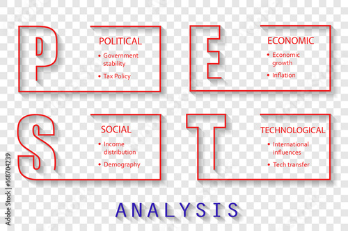 PEST Analysis font design on photo paper with main objectives - project management template