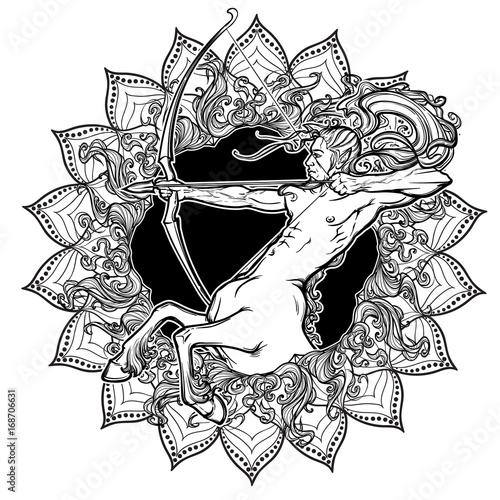 Sagittarius Zodiac sign with a decorative frame of sun flares and sunflower petals. Astrology concept art. Tattoo design. Gay Pinup style. Linear drawing isolated on white background. EPS10 vector