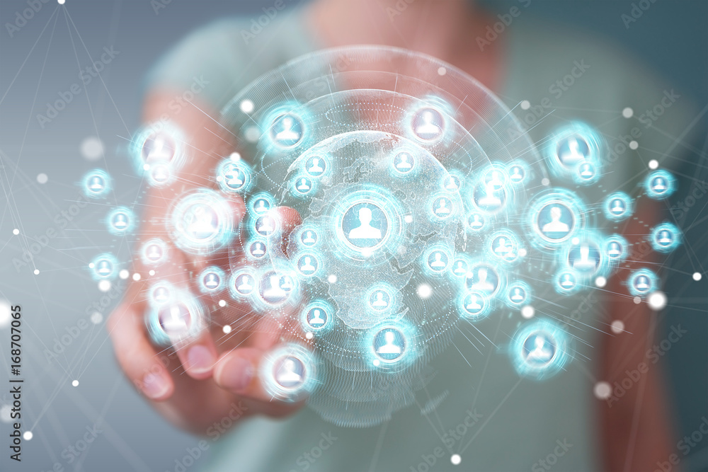 Businesswoman using social network interface 3D rendering Businesswoman using social network interface 3D rendering