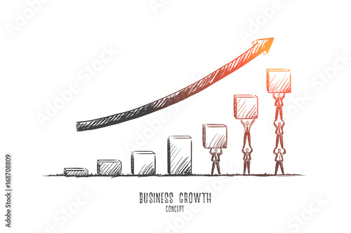 Business growth concept. Hand drawn people making business grew up. Success graph isolated vector illustration.