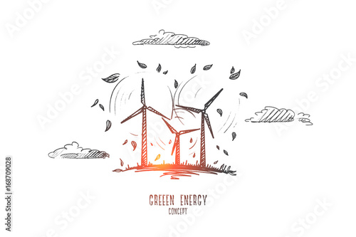 Green energy concept. Hand drawn wind turbine farm. Windmill as symbol of renewable, sustainable and alternative energy isolated vector illustration.