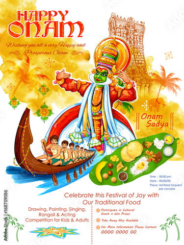 Kathakali dancer on background for Happy Onam festival of South India Kerala
