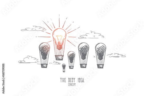 The best idea concept. Hand drawn light bulb as creativity. Balloons with light bulbs as symbol of lot ideas but only one of them is the best isolated vector illustration.