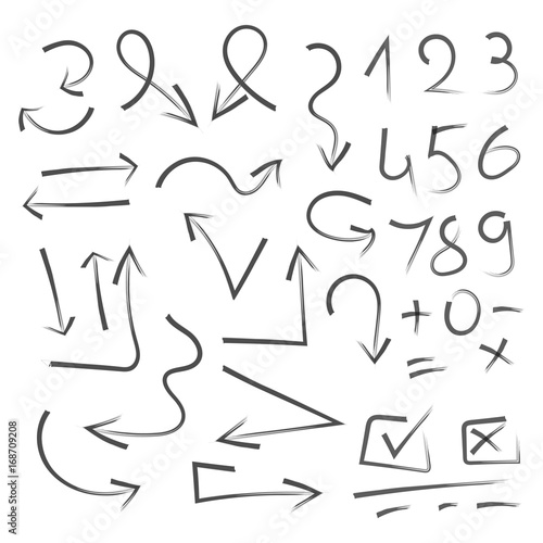 Big set of hand drawn numbers  arrows for highlighting text. Marker elements  highlighter elements  arrows  brush lines.
