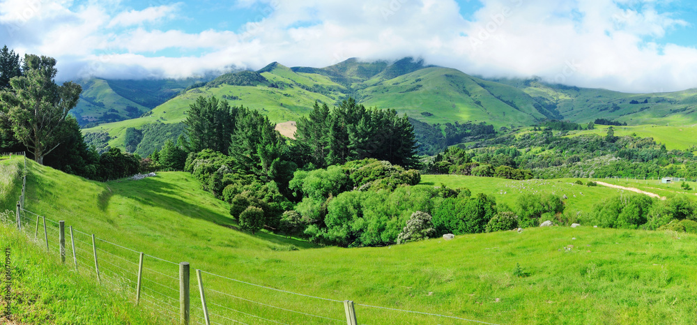 Mountain scenery in summer in Akaroa,New Zealand.