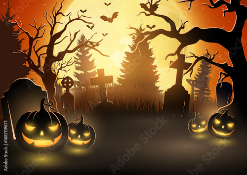 Halloween background with scary pumpkins