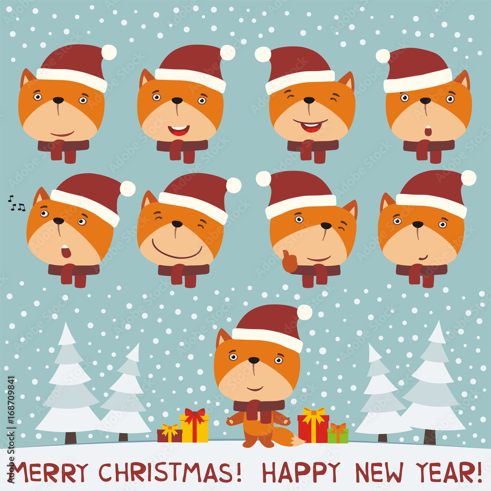 Merry christmas and Happy new year! Set face fox for christmas and new year design. Collection isolated heads of fox in cartoon style. Merry christmas and Happy new year! Set face fox for christmas and new year design. Collection isolated heads of fox in cartoon style.