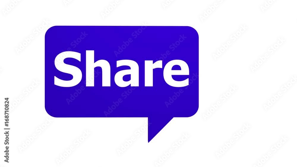 Animated 3D share speech bubble used in social media and networking rotating at a constant spreed with a white background.