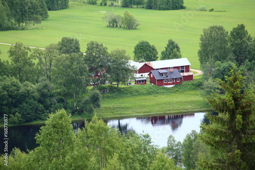 Swedish houses near Branaes in Vaermland, Sweden. The river Klaraelven can be seen photo