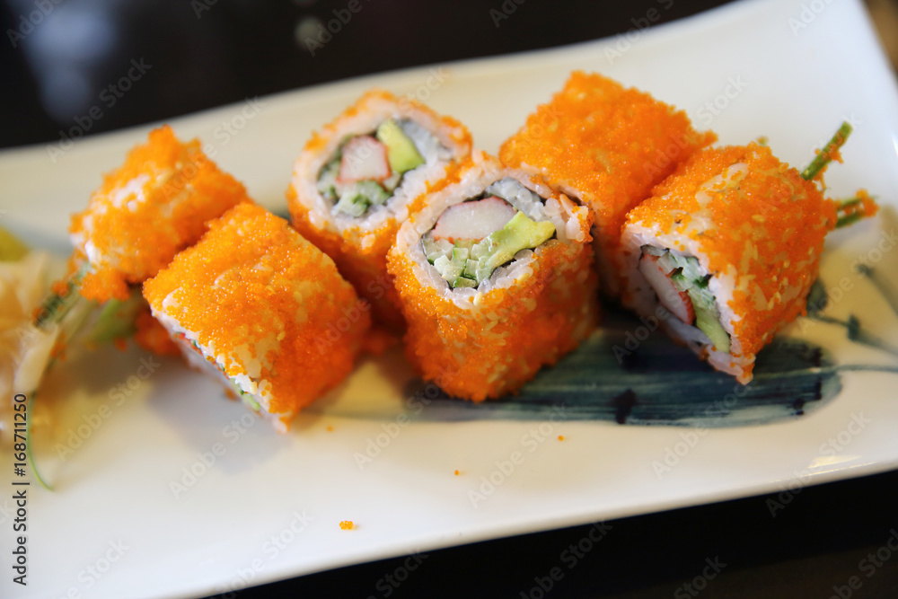 California roll sushi , Roll rice with egg seafood avocado , Japanese food California roll sushi , Roll rice with egg seafood avocado , Japanese food