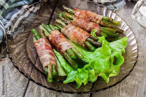 Green bean wrapped in smoked bacon