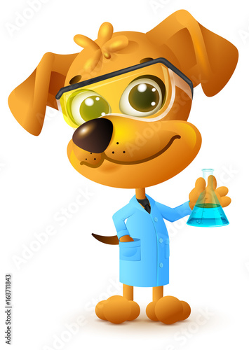 Yellow teacher dog holding flask. Chemistry lesson