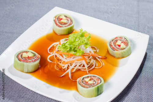 Quadro em tela Sushi with salmon, avocado, soft cheese and salad