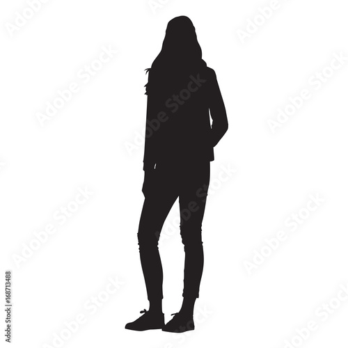Slim tall woman standing, isolated vector silhouette