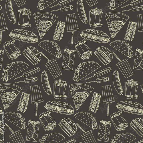 Monochrome seamless pattern with outline fast food symbols, yellow line fastfood signs on dark background. Food texture for bar, cafe menu design, textile, wrapping paper, wallpaper, banner, cover