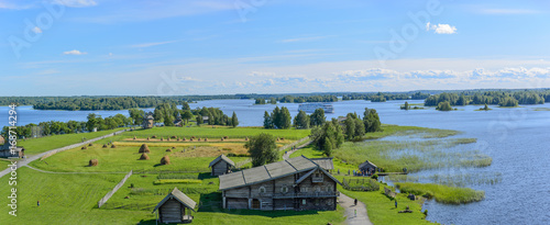Panoramic View of house of the Peasant Ovshevnev from the bell tower. Onega lake, Karelia, Russia.