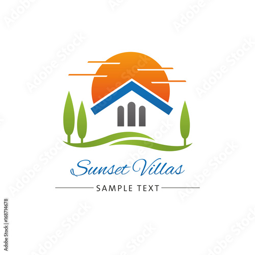 Real Estate, Retirement Homes or Travel Industry logo template with villains park in sunset