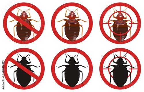 Stop bedbug signs. Set of insect pest control signs. Vector illustration.