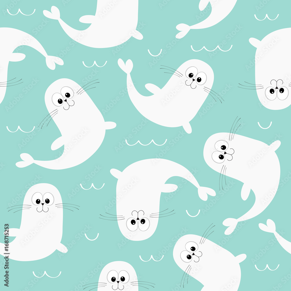 Seamless Pattern. White sea lion. Harp seal pup. Cute cartoon character.  Happy animal collection. Sea ocean water wave. Wrapping paper, textile  template. Blue background. Flat design Stock Vector | Adobe Stock