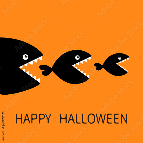 Happy Halloween. Fish monster eating each other. Three fishes. Food chain. Black color silhouette. Cute cartoon character set. Baby kids collection.Orange background. Isolated. Flat design