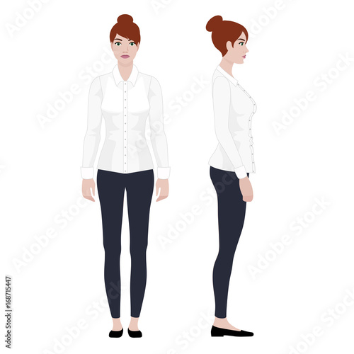Young woman in office outfit on white background, front and side view. Vector illustration, realistic style.