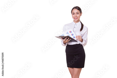 Business woman holding documents isolated on white background.