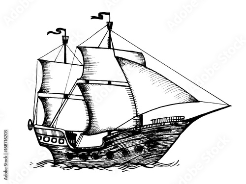 Vintage sailing ship engraving vector illustration