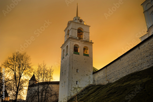 Russia, Pskov, The bell tower of the Pskov Kremlin at sunset photo