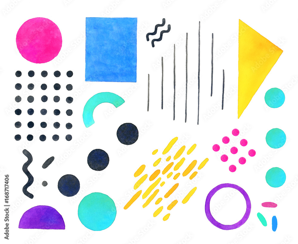 Memphis Italy design elements, watercolor geometric shapes 80's-90's styles on white background