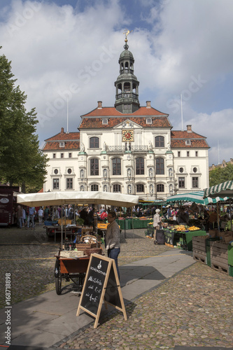 Cityhall with Market City of Lüneburg Germany Lower Saxony. Historical houses and market at the square