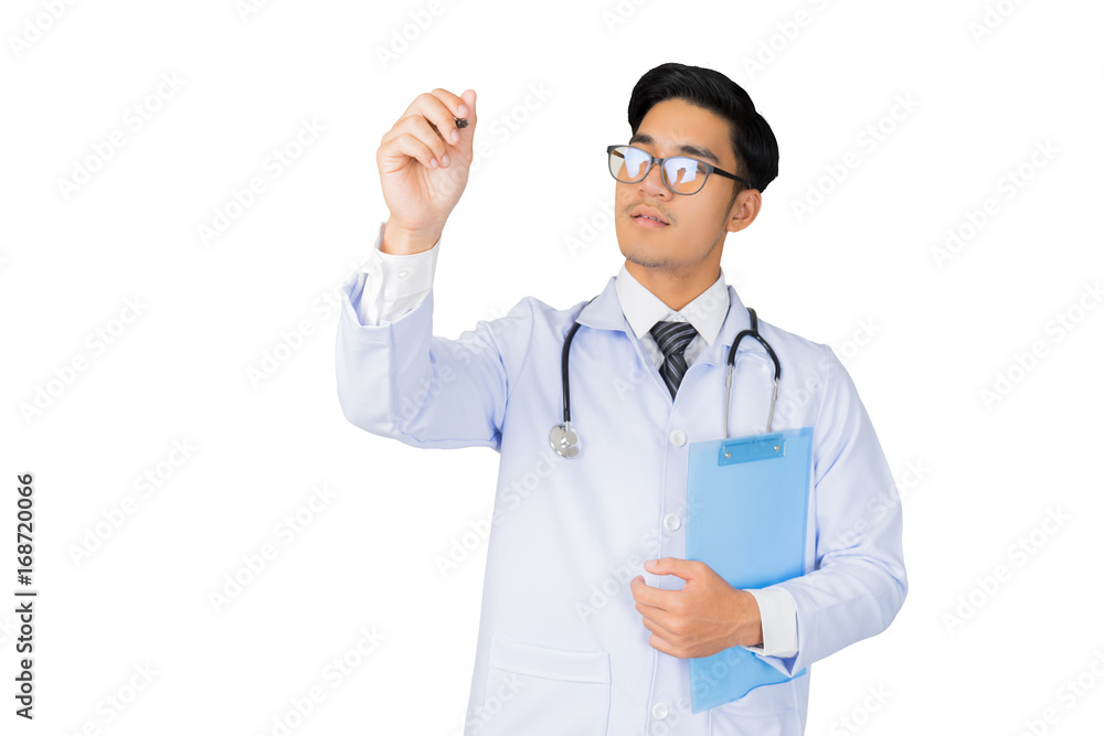 portrait medical doctor writing blank screen on white background portrait medical doctor writing blank screen on white background