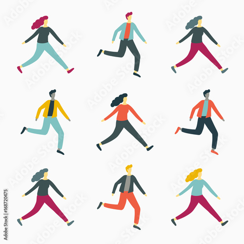 Set of colorful cartoon people silhouettes running over white