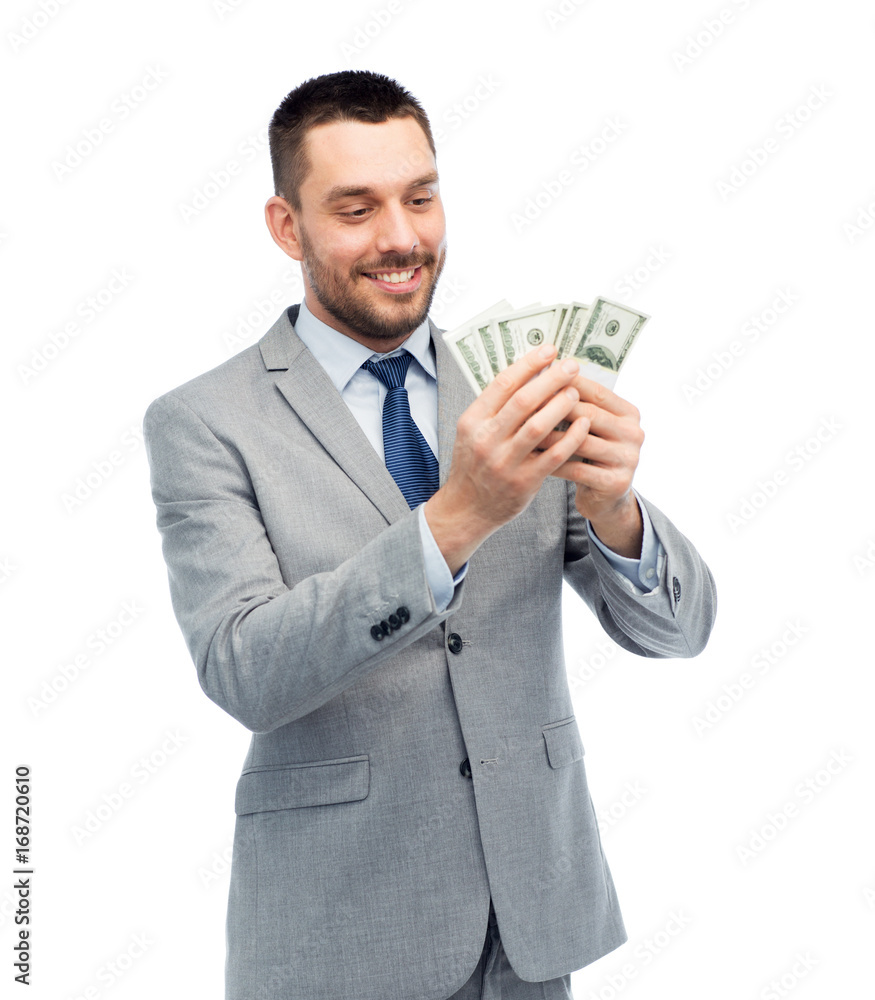 smiling businessman counting american dollar money smiling businessman counting american dollar money