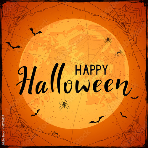 Happy Halloween on orange grunge background with Moon and spiders