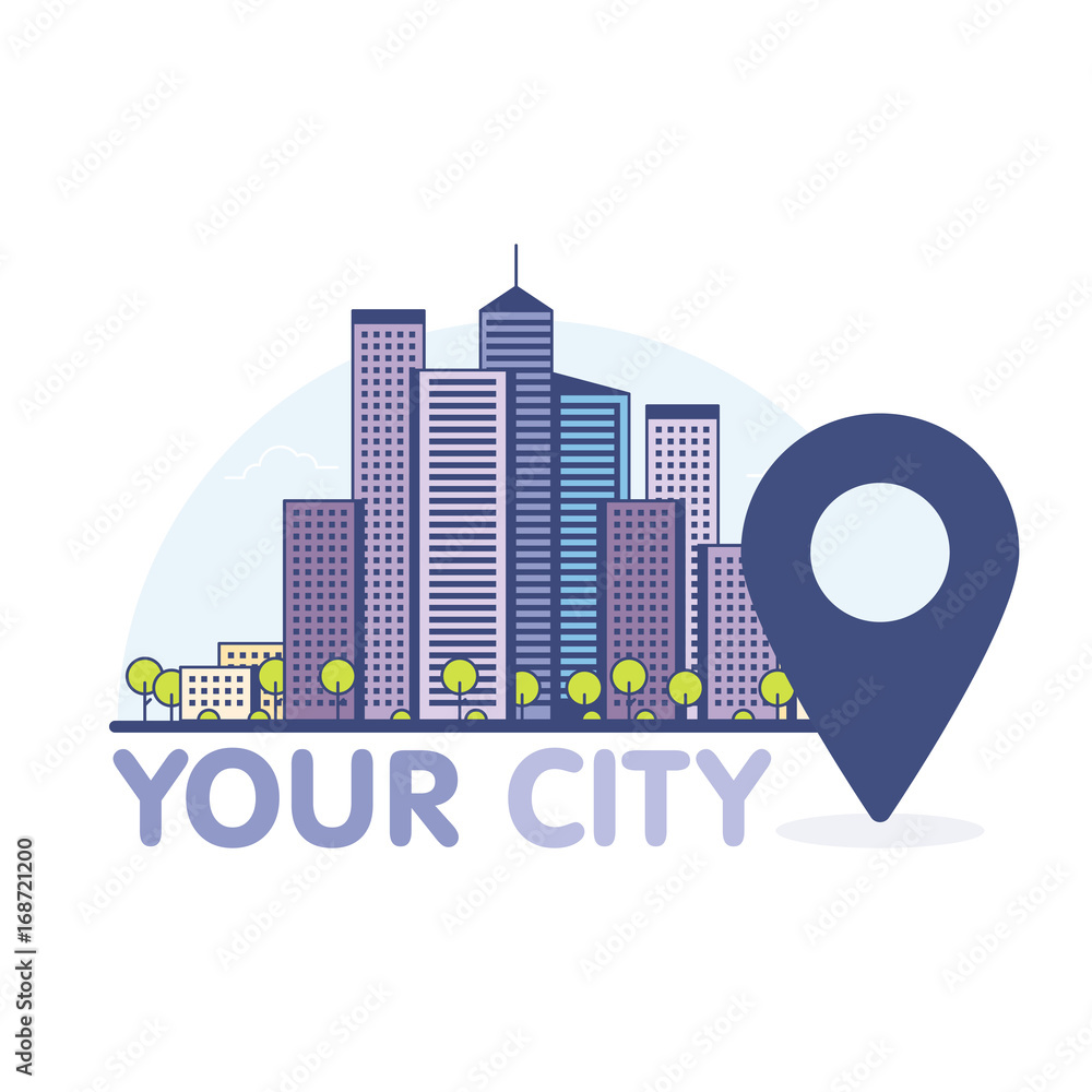 Eco green modern city thin line illustration with pointer. Vector logo concept