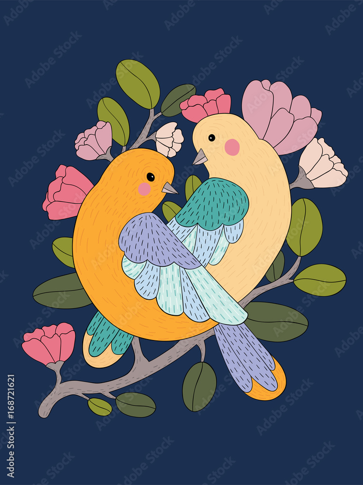 Two cute bird couple on a branch with flowers isolated