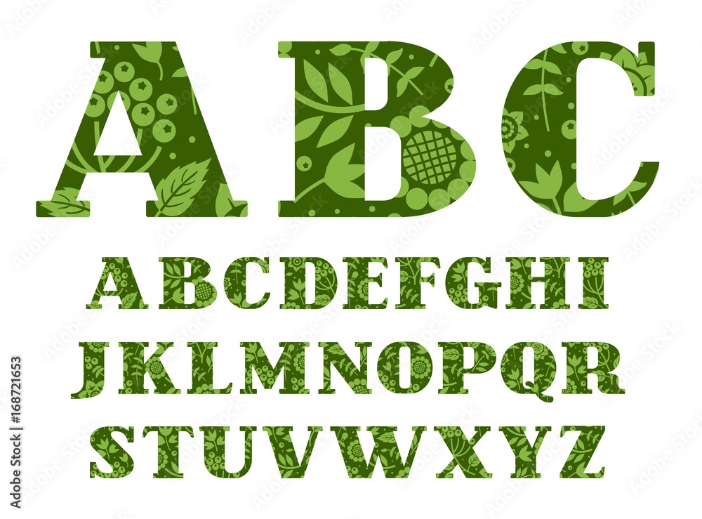 English alphabet, berries and herbs, dark green, vector. Capital letters of the English alphabet with serif. Green twigs with berries on a dark green background. English alphabet, berries and herbs, dark green, vector. Capital letters of the English alphabet with serif. Green twigs with berries on a dark green background.