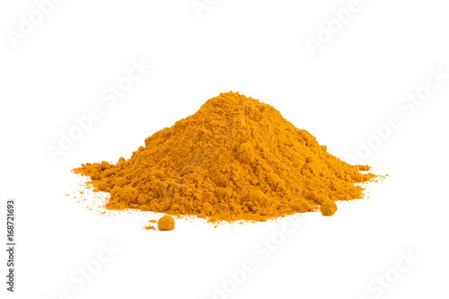 Turmeric Curcuma powder isolated on white background. Curry powder.
