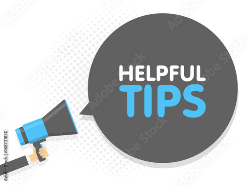 Hand holding Megaphone. Speech sign text helpful tips. Vector illustration