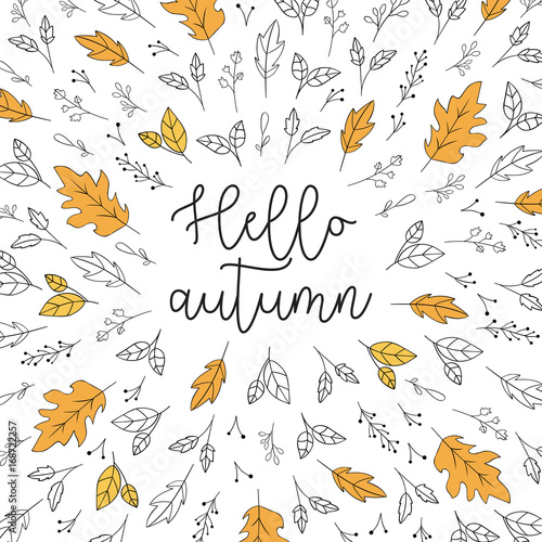 Hello autumn lettering with leaves pattern background