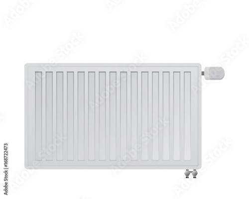Realistic steel panel radiator. Handle a thermal head. Bottom right connection to the heating system.