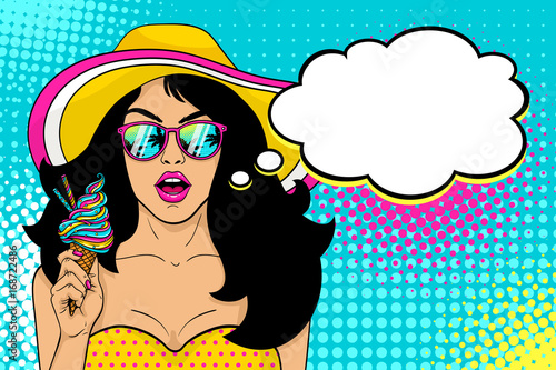 Wow female face. Sexy surprised girl in hat and sunglasses with open mouth holding bright ice cream in her hand and speech bubble on halftone. Vector summer background in pop art retro comic style.