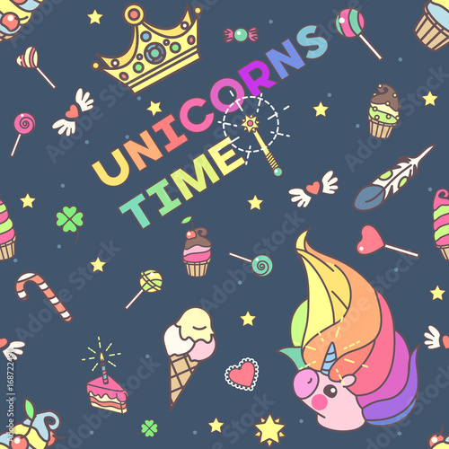 vector seamless pattern. Unicorns time concept. 000