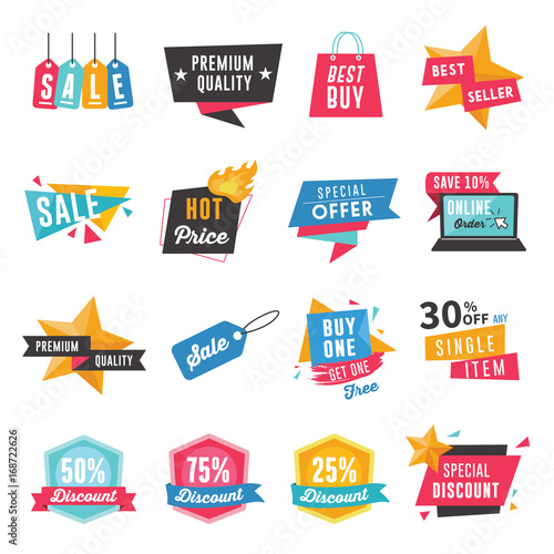 Set of badges, labels, banner and coupons for shopping. Discount, sale and product promotion template
