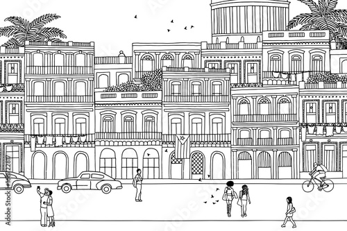 Photography People walking through Havana- Hand drawn urban black and white scene