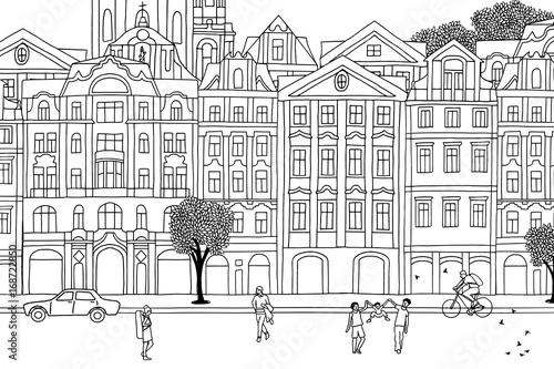 People walking through Prague- Hand drawn urban black and white scene