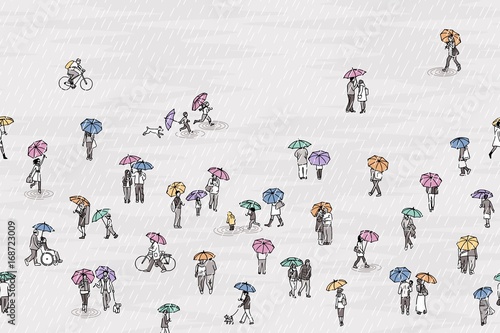 Banner with tiny grey people with colorful umbrellas, can be tiled horizontally: pedestrians in the street, a diverse collection of small hand drawn men, women and kids walking through the rain
