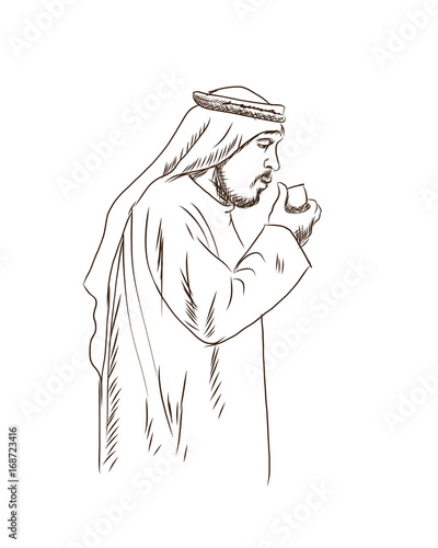 Sketch of Arab man drinking tea in vector illustration.