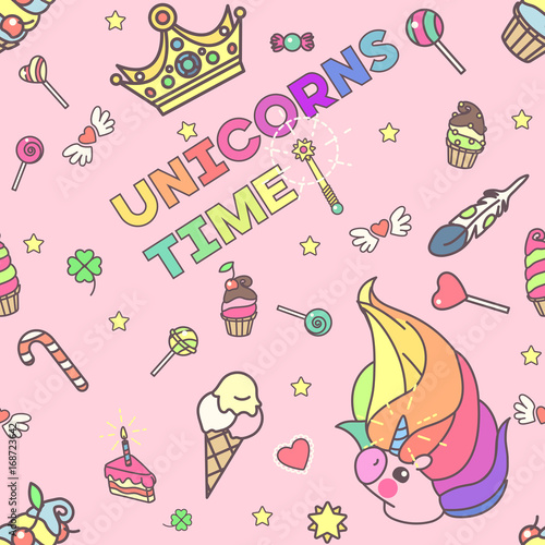 vector seamless pattern. Unicorns time concept. 040